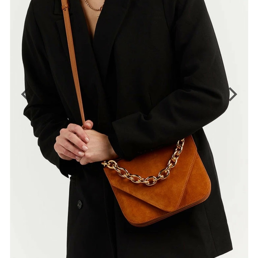 Dissh Suede Crossbody Bag with Gold Chain Strap - Tan
